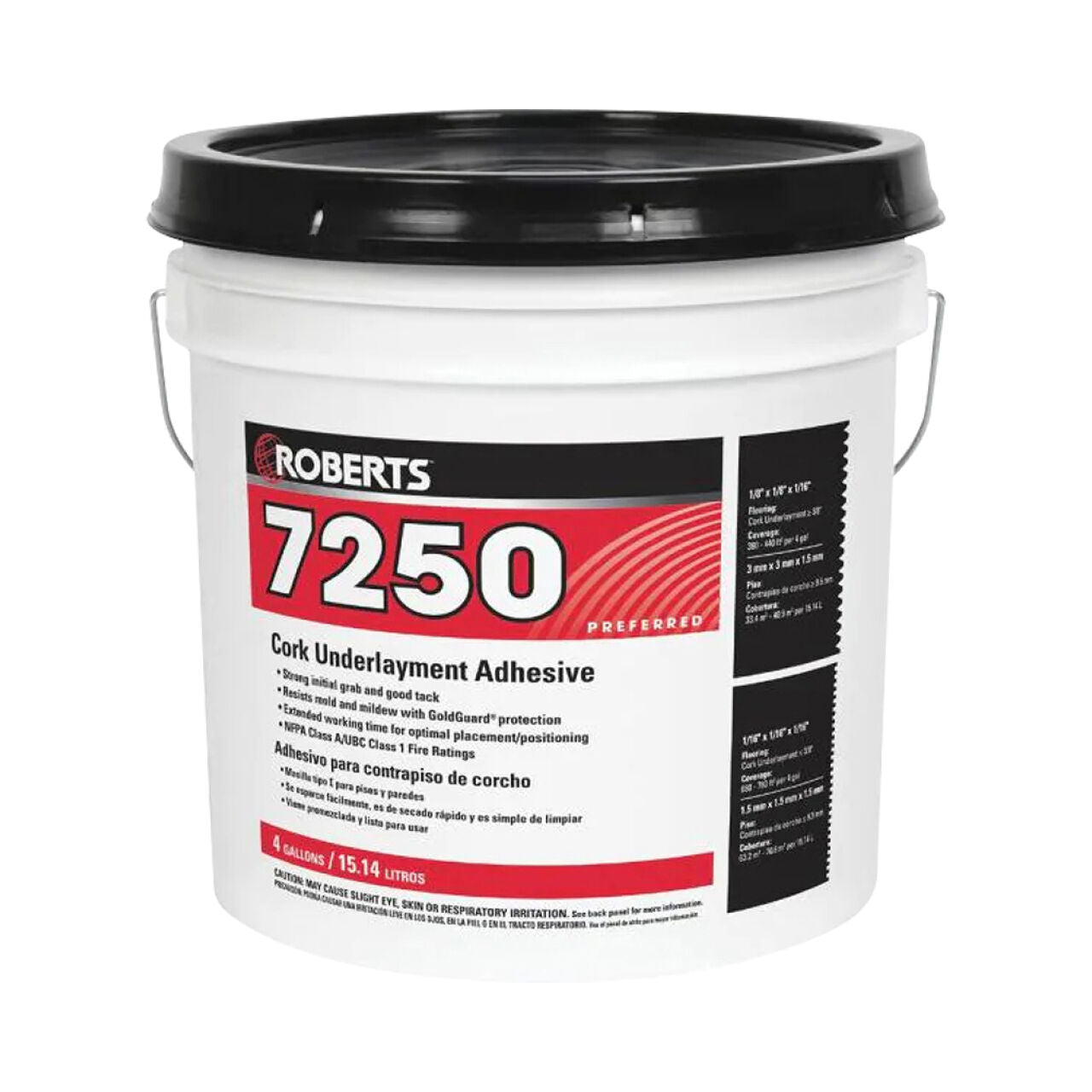 A white 4-gallon bucket of Go Build 7250 Pro-Grade Cork Underlayment Adhesive, featuring a black lid and a red, black, and white label with product details and instructions. Brand: The Fastest Way To Build.